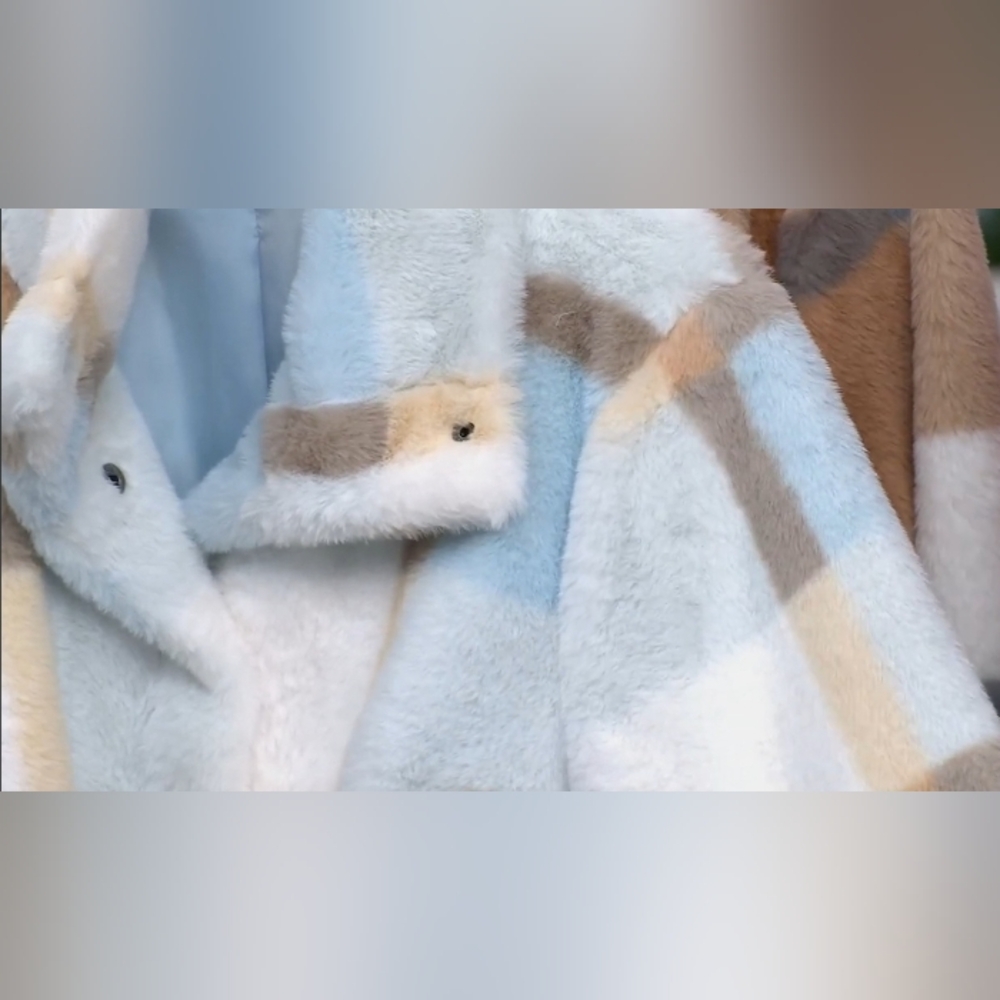 Small Colleen Lopez Faux Fur Jacket In Ice Blue Plaid- Soft, Warm & Breathable - Picture 8 of 16